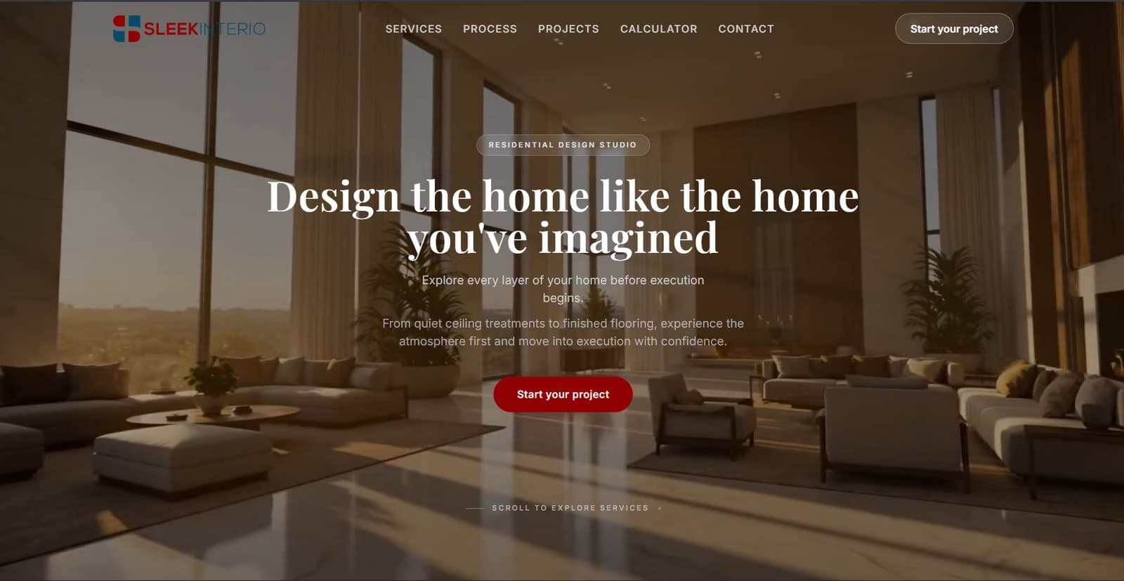 Sleek Interio site with the multi-step interior design cost calculator